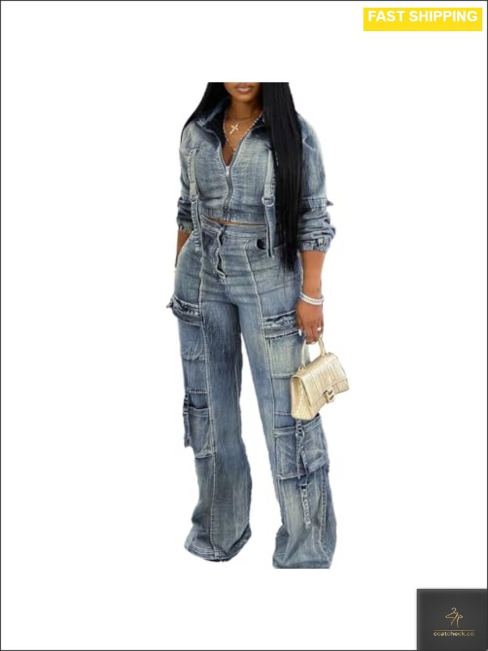 Molilove Women's Two Piece Denim Outfit Cropped Jean Jacket & Cargo Pants Y2K
